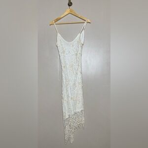 1970s Krocheta Papillon Crochet Maxi Dress Ivory Sequin Boho Asym Hem